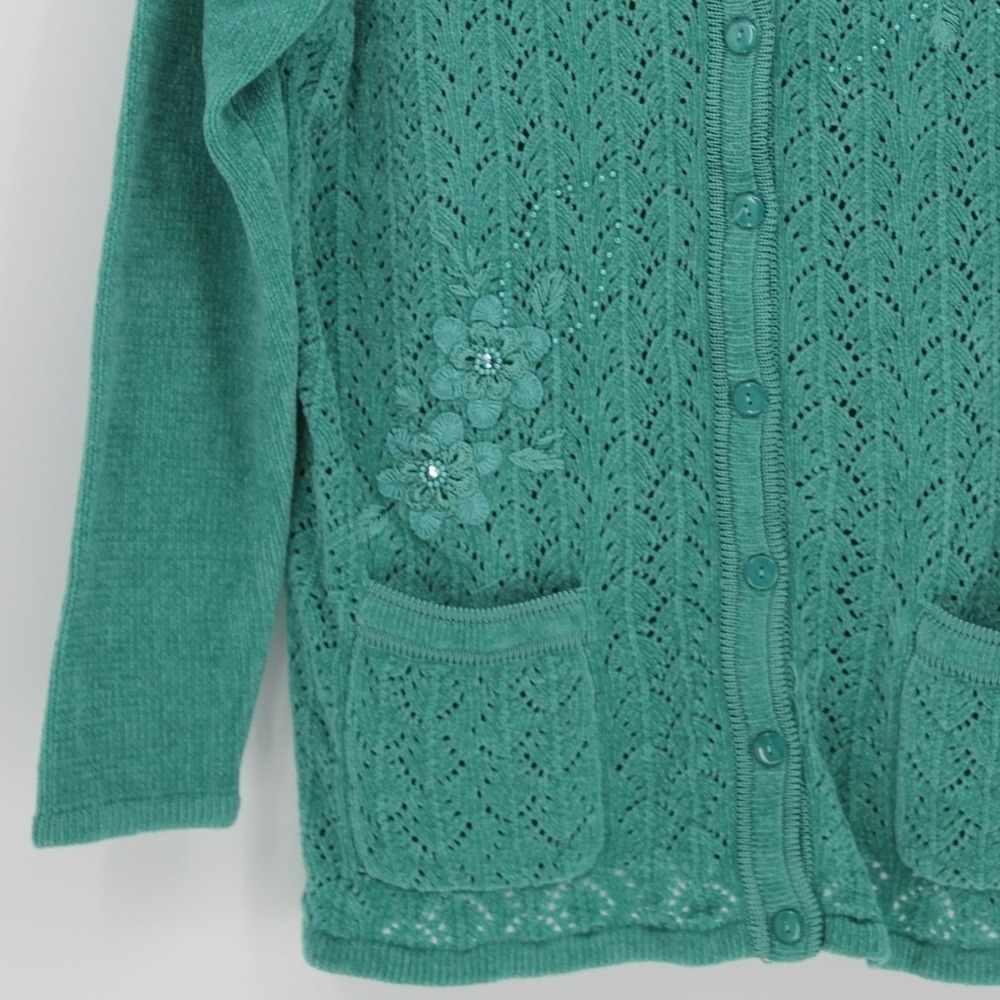 Jenny $68 Medium Retro Teal Pointelle Knit Floral Embellished Button Cardigan‎ - Picture 8 of 13